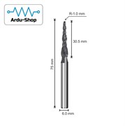 Фреза спиральная двухзаходная конусная R-1.0х30.5х75х6мм (AlTiN) 760110075